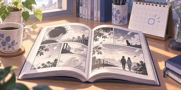 開いた漫画本と、再開を示す丸印が描かれたカレンダーのオリジナルイラスト