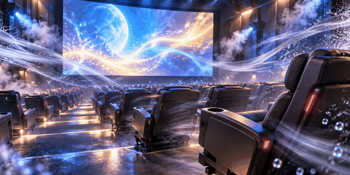 映画館の4DX上映で座席が動き、水しぶきが演出されているオリジナルイメージ