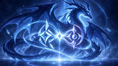 カードゲームの新カード名に込められた二つの要素の融合を表す青いドラゴン風のオリジナルイラスト