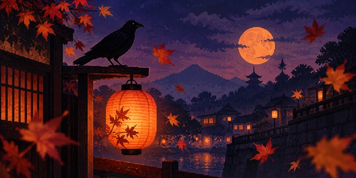 カラスと提灯、紅葉を描いたハロウィンのイメージイラスト