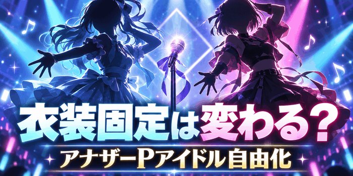 抽象的なライブステージと人物シルエットに「衣装は変わる?」「アナザーPアイドル自由化」と入った見出し画像
