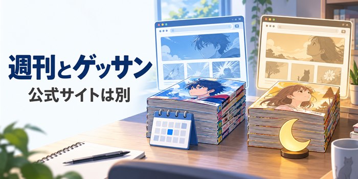 週刊少年サンデーとゲッサンの公式サイトが別々であることを、二つの雑誌とブラウザー画面で表したイラスト