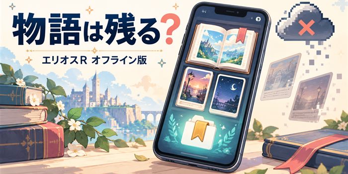 エリオスRのオフライン版で物語が残るかをイメージした、スマートフォンと本のイラスト