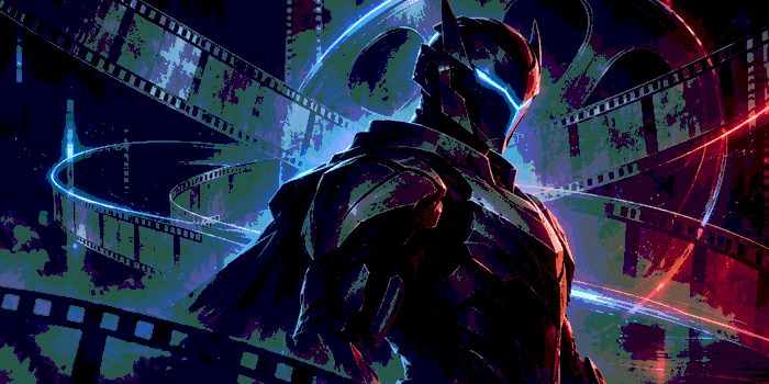 未公開映像を収録した映像作品を表現するオリジナルの青と赤の装甲ヒーロー風イラスト