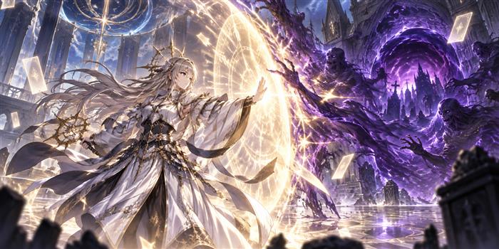 墓地からの紫の力を金色の光で押し返すカードバトル風のオリジナルイラスト