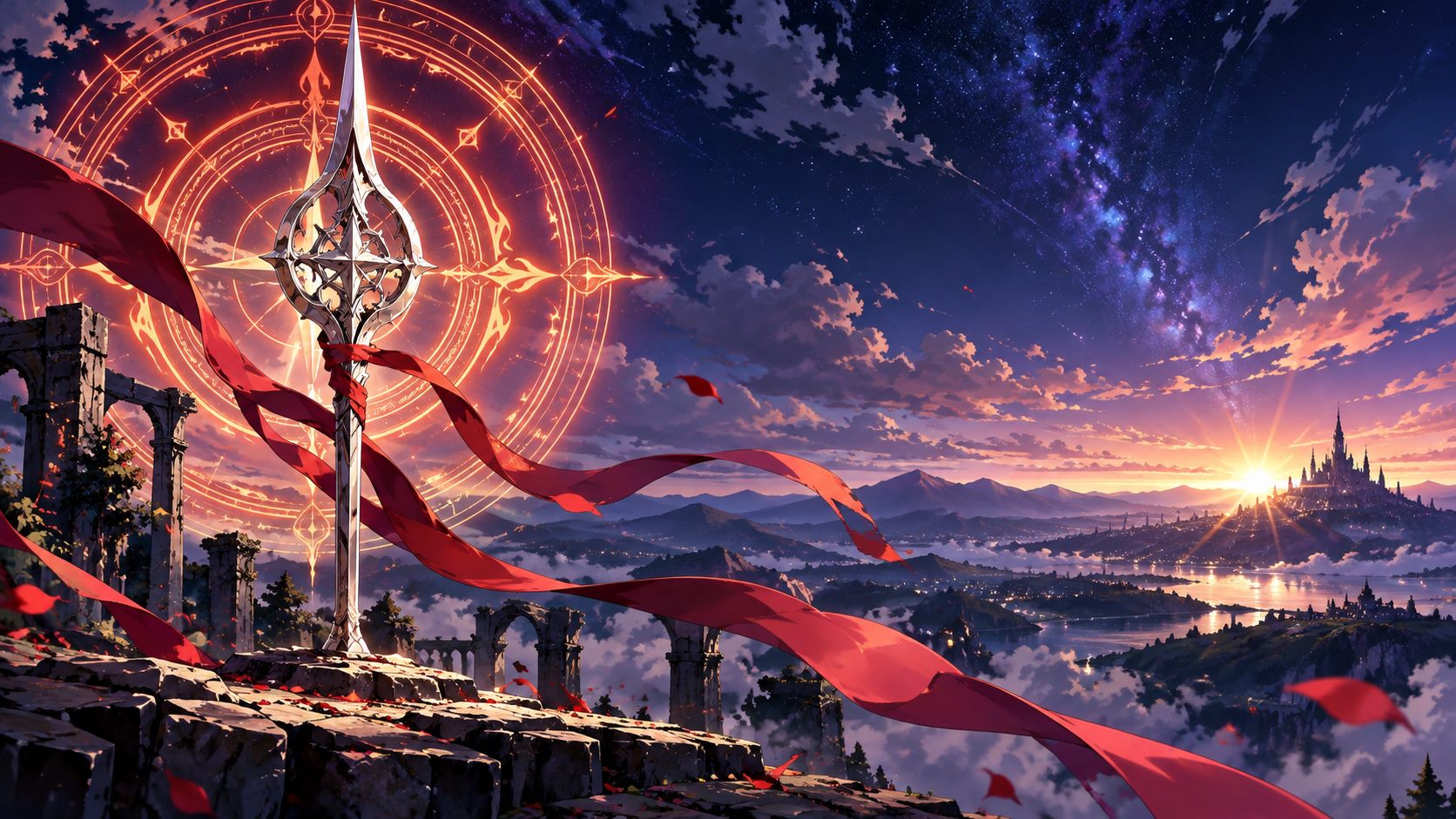 赤い光の魔法陣と銀色の紋章が夕暮れの街を照らすオリジナルイラスト