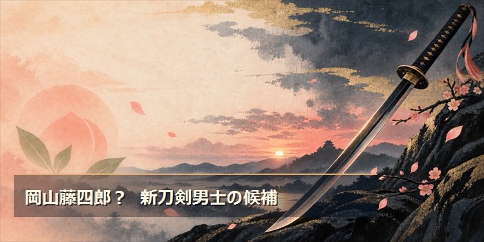 岡山藤四郎と新刀剣男士の候補を表す、刀のシルエットと桃を組み合わせたオリジナルイラスト