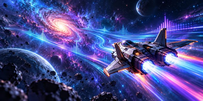 星空と音の波形を駆け抜けるオリジナルの宇宙戦闘機