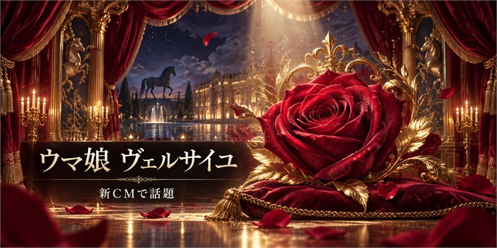 ウマ娘の新CMとヴェルサイユ、ローズキングダムのつながりを表現するオリジナルの薔薇と馬のイメージ