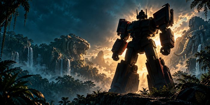 ワイルドキング新商品をイメージした機械生命体のシルエットとジャングルの風景