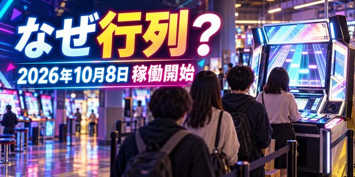 「なぜ行列?」「2026年10月8日稼働開始」と表示し、ゲームセンターのカードゲーム筐体と列を描いた画像