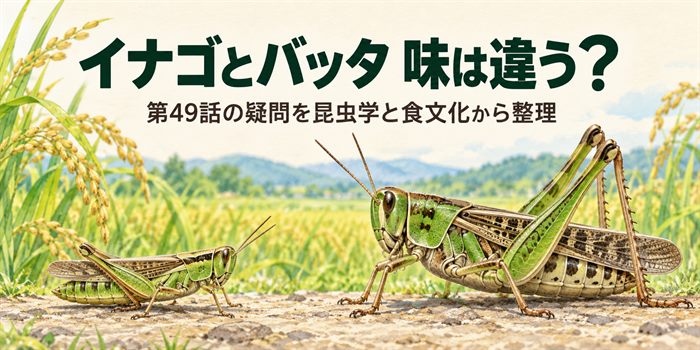 イナゴとトノサマバッタの違いと味の比較資料の有無を示す図