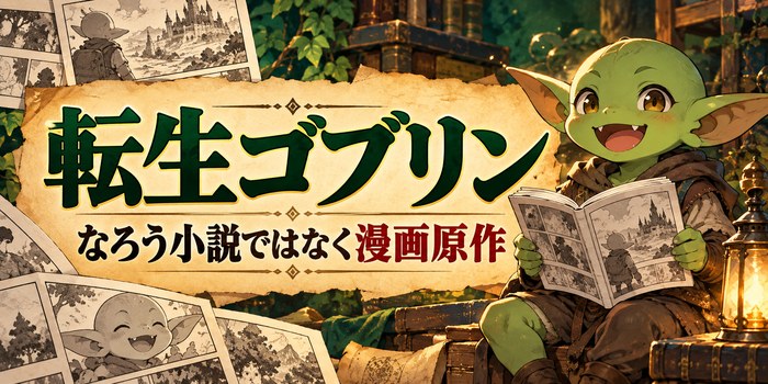 転生ゴブリンの原作が漫画であることを伝える、ゴブリンと開いた漫画本のイラスト